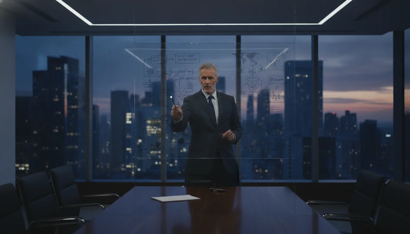 Análise de risco — consultor apresentando avaliação de ameaças em boardroom