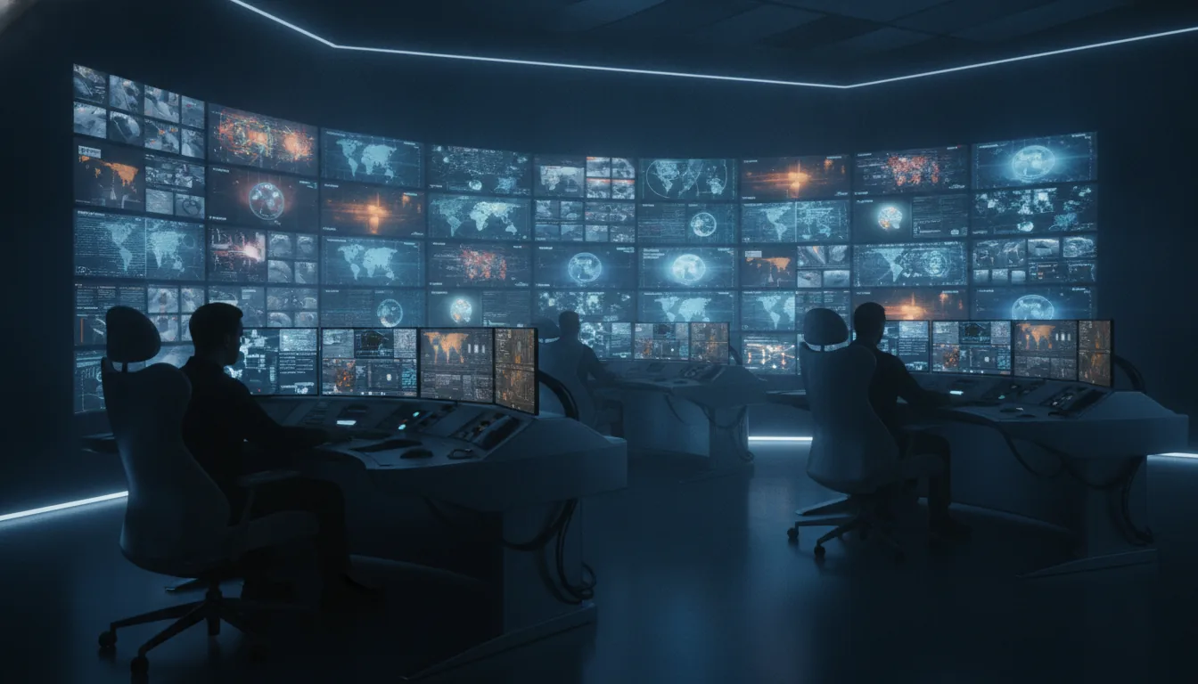 Central de monitoramento 24/7 com parede de monitores