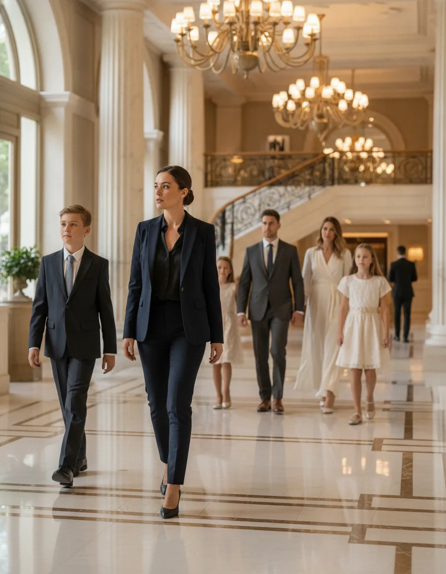 Proteção VIP de famílias — agente acompanhando família em hotel de luxo