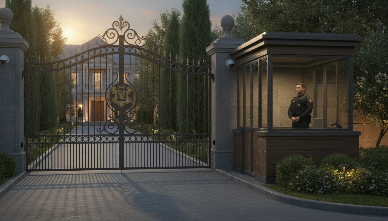 Segurança residencial de alto padrão — entrada de mansão ao entardecer