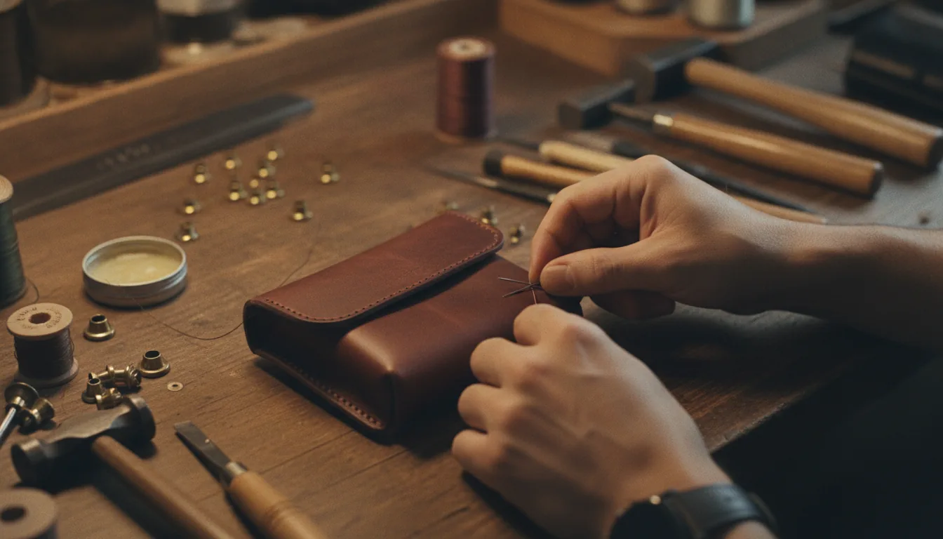 Mãos de artesão costurando couro burgundy no ateliê