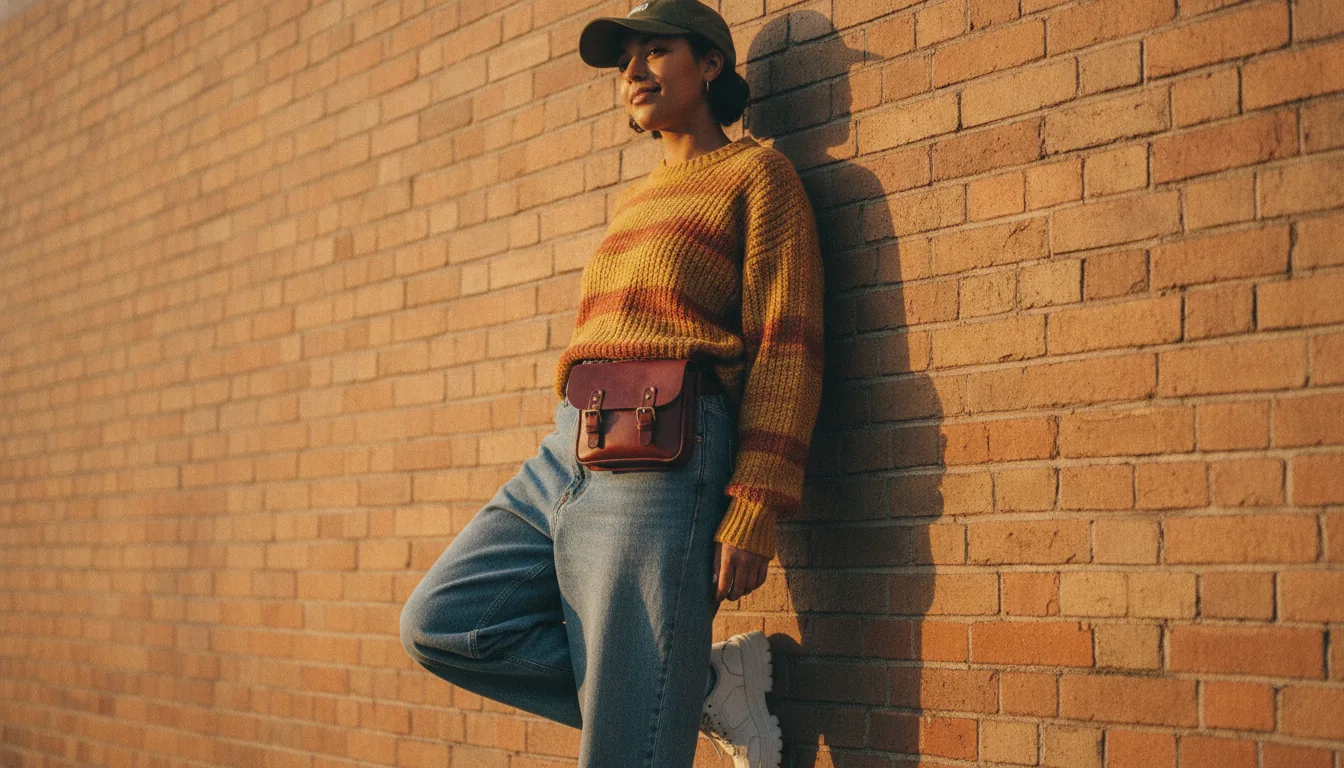 Pessoa usando a Pixel Bag oxblood na cintura, luz dourada